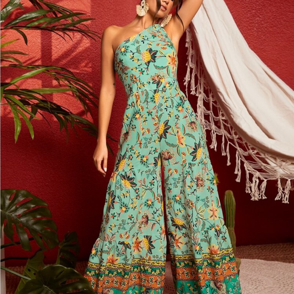 SHEIN Green Bohemian Jumpsuit with Paisley Print
